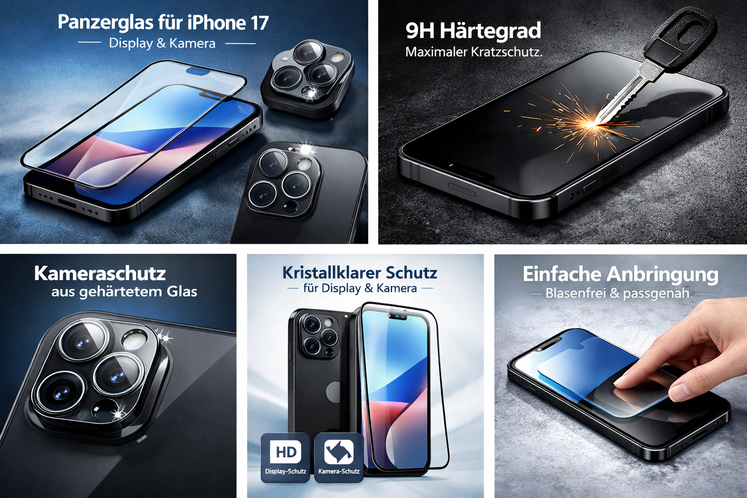 HD Bildschirmschutz  für iPhone 17/17Pro/17Pro Max - 9H Härteschutz - 3x Displayschutz 1x Kameraschutz