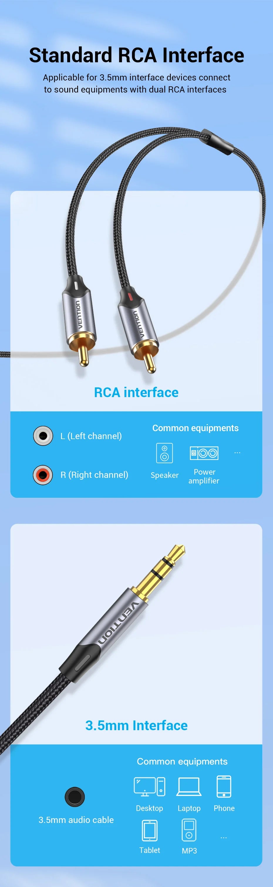 Vention RCA-Kabel 3,5 mm auf 2 RCA Splitter RCA-Buchse 3,5-mm-Kabel RCA-Audiokabel für Smartphone, Verstärker, Heimkino, AUX-Kabel RCA