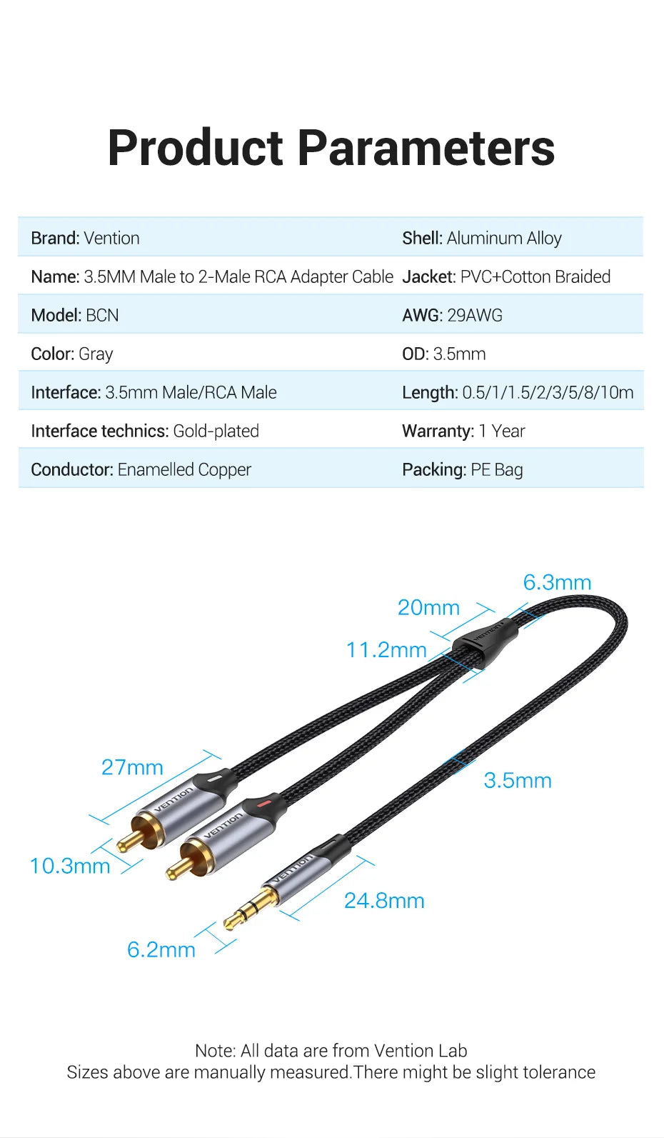 Vention RCA-Kabel 3,5 mm auf 2 RCA Splitter RCA-Buchse 3,5-mm-Kabel RCA-Audiokabel für Smartphone, Verstärker, Heimkino, AUX-Kabel RCA