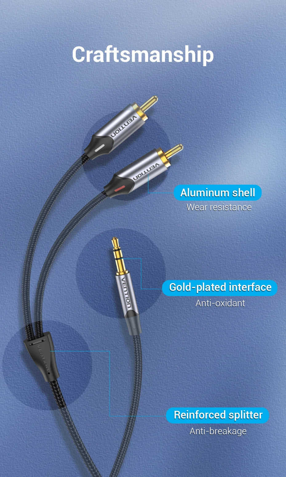 Vention RCA-Kabel 3,5 mm auf 2 RCA Splitter RCA-Buchse 3,5-mm-Kabel RCA-Audiokabel für Smartphone, Verstärker, Heimkino, AUX-Kabel RCA