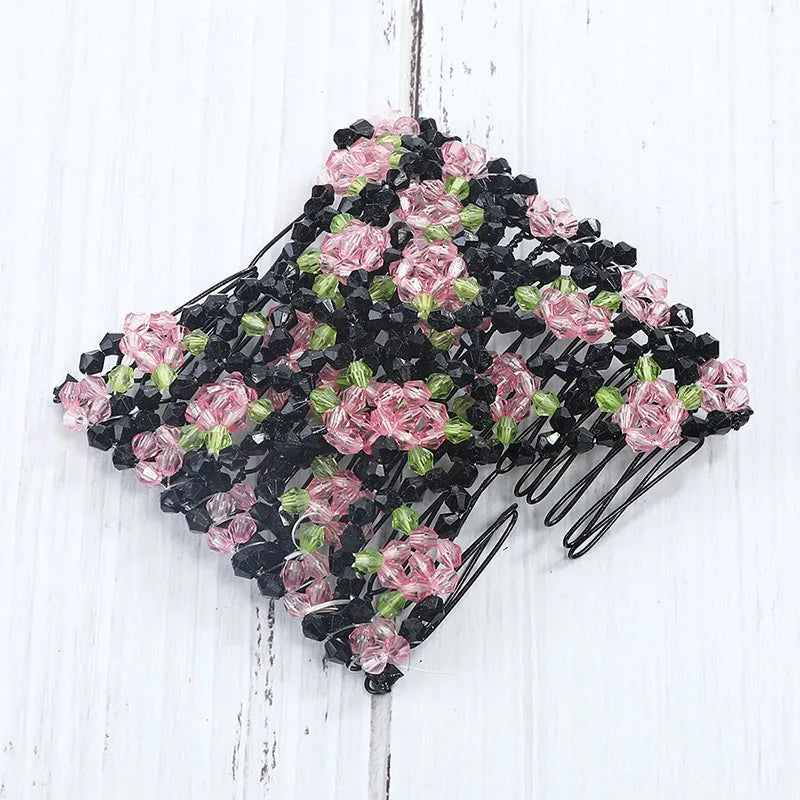 Modischer, professioneller Haarkamm für Damen mit magischen Perlen, elastischem Doppelperlenband und Klemme, dehnbarem Accessoire, Valentinstag