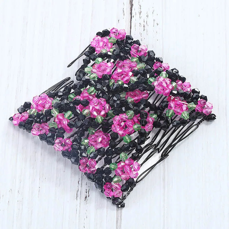 Modischer, professioneller Haarkamm für Damen mit magischen Perlen, elastischem Doppelperlenband und Klemme, dehnbarem Accessoire, Valentinstag