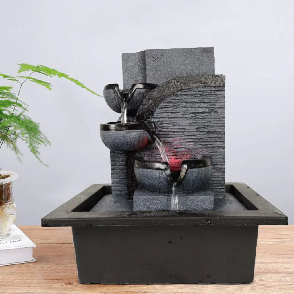 Zen-Tischbrunnen mit LED-Beleuchtung und Wasserfall, Feng-Shui-Brunnen aus Kunstharz in Steinoptik für Meditation, Entspannung und als Geschenk