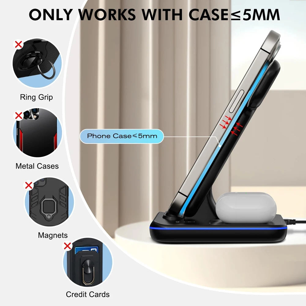 Kabelloser Ladeständer 3-in-1 mit Schnellladefunktion und LED-Lampe für iWatch 10 9 8 7 6 5, iPhone 16 15 14 13 12 11 X Airpods 4 3 Pro