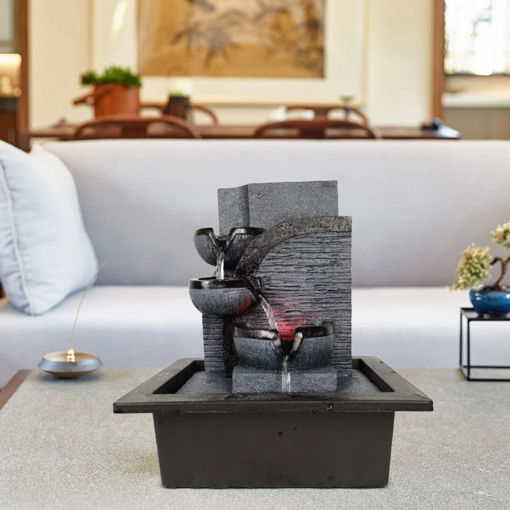 Zen-Tischbrunnen mit LED-Beleuchtung und Wasserfall, Feng-Shui-Brunnen aus Kunstharz in Steinoptik für Meditation, Entspannung und als Geschenk