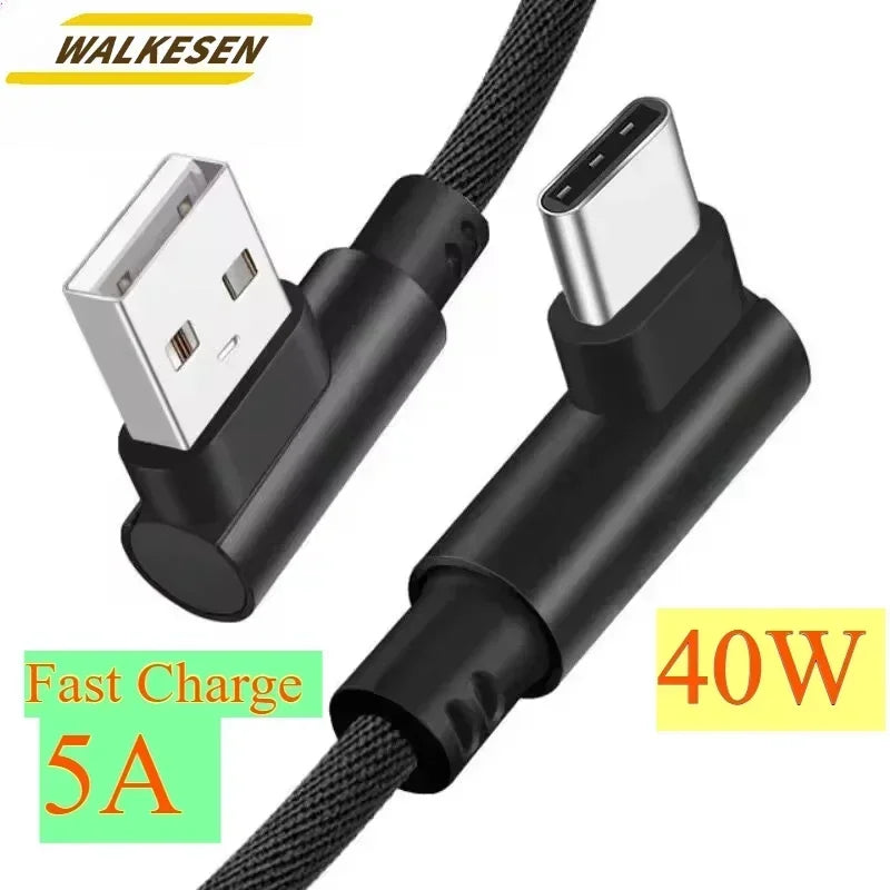 40W 5A USB-auf-Typ-C-Schnellladekabel, geflochten, 90°-Winkel, Ladekabel für iPhone, Xiaomi, Redmi, Huawei