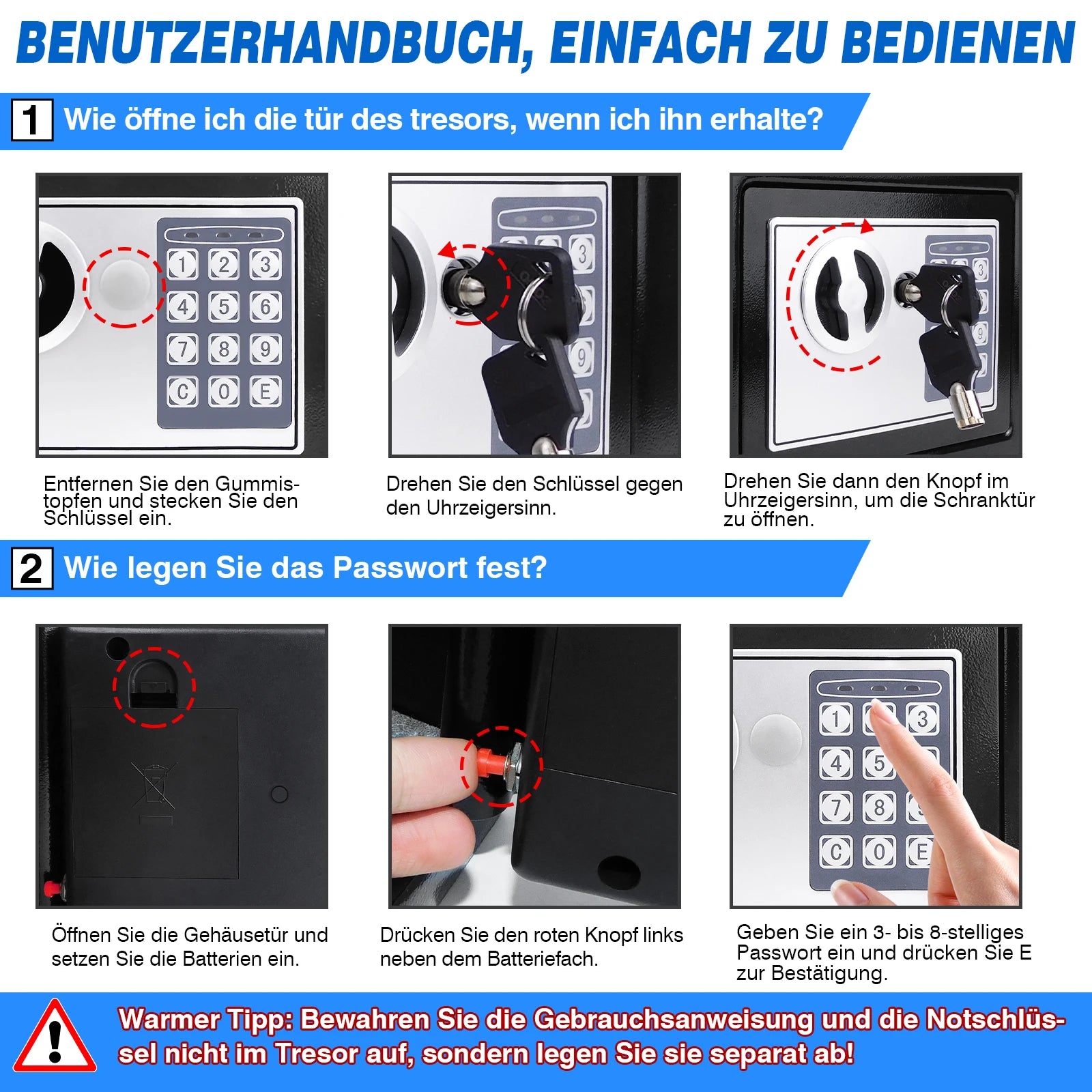 Schwarzer digitaler Safe Wertsachen Dokumentensicherheit Safe Elektronische Tastatur mit Backup-Schlüssel Wandmontage Boden