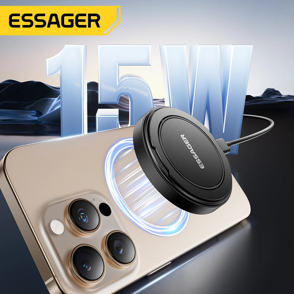 Essager Magnetisches kabelloses Ladegerät mit Halterung, 15 W Schnellladefunktion für iPhone 17, 16, 15, 14 Pro Max und Airpods Mini Wireless Phone Charger