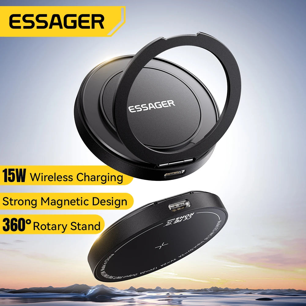 Essager Magnetisches kabelloses Ladegerät mit Halterung, 15 W Schnellladefunktion für iPhone 17, 16, 15, 14 Pro Max und Airpods Mini Wireless Phone Charger