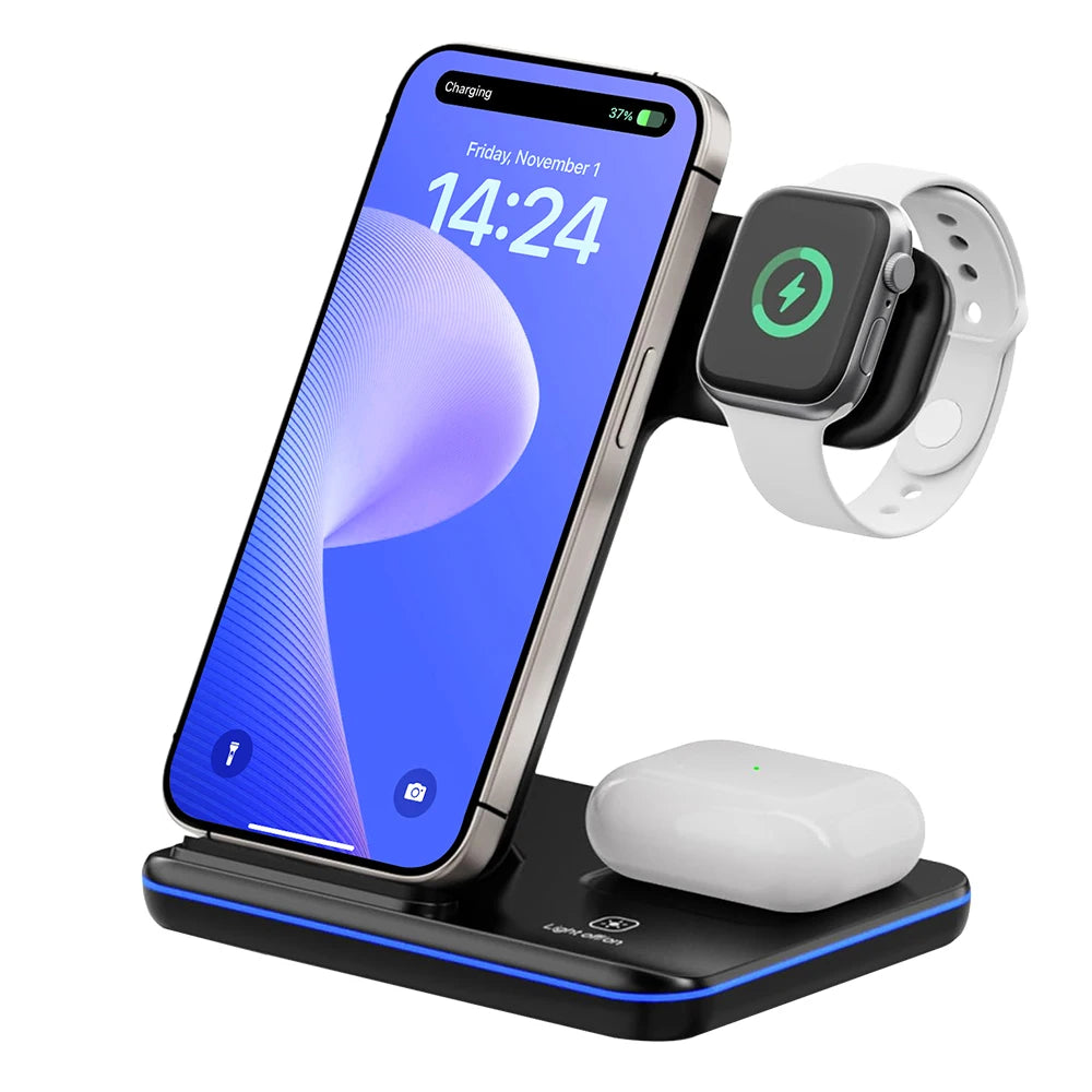 Kabelloser Ladeständer 3-in-1 mit Schnellladefunktion und LED-Lampe für iWatch 10 9 8 7 6 5, iPhone 16 15 14 13 12 11 X Airpods 4 3 Pro