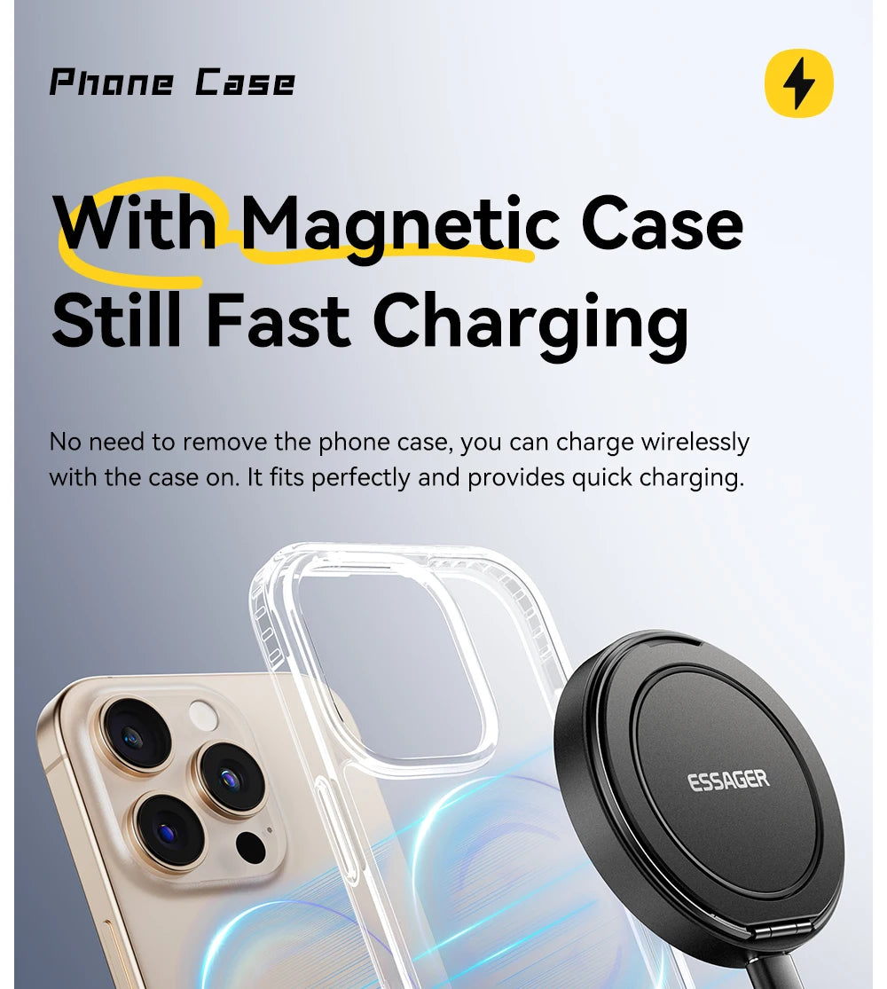 Essager Magnetisches kabelloses Ladegerät mit Halterung, 15 W Schnellladefunktion für iPhone 17, 16, 15, 14 Pro Max und Airpods Mini Wireless Phone Charger