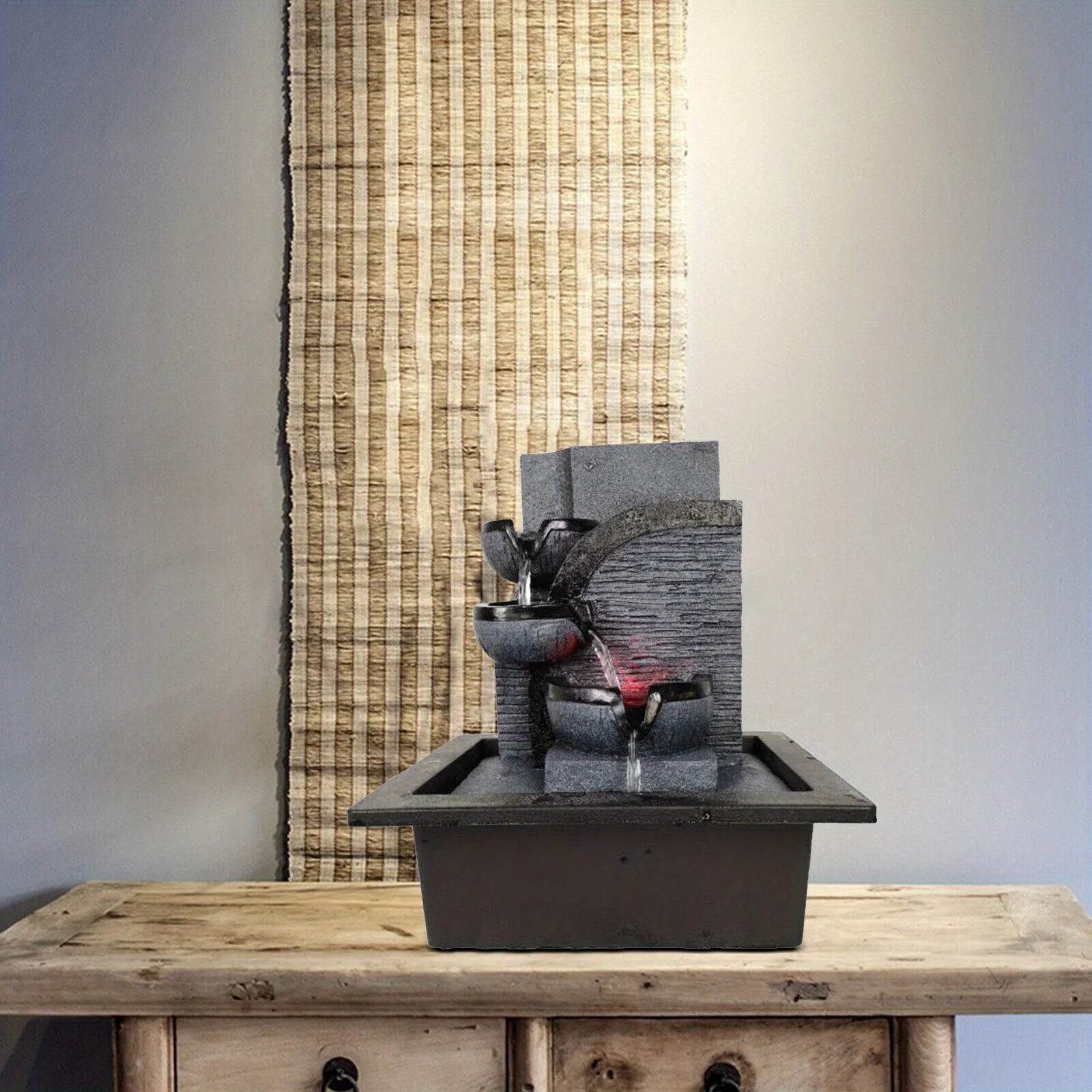 Zen-Tischbrunnen mit LED-Beleuchtung und Wasserfall, Feng-Shui-Brunnen aus Kunstharz in Steinoptik für Meditation, Entspannung und als Geschenk