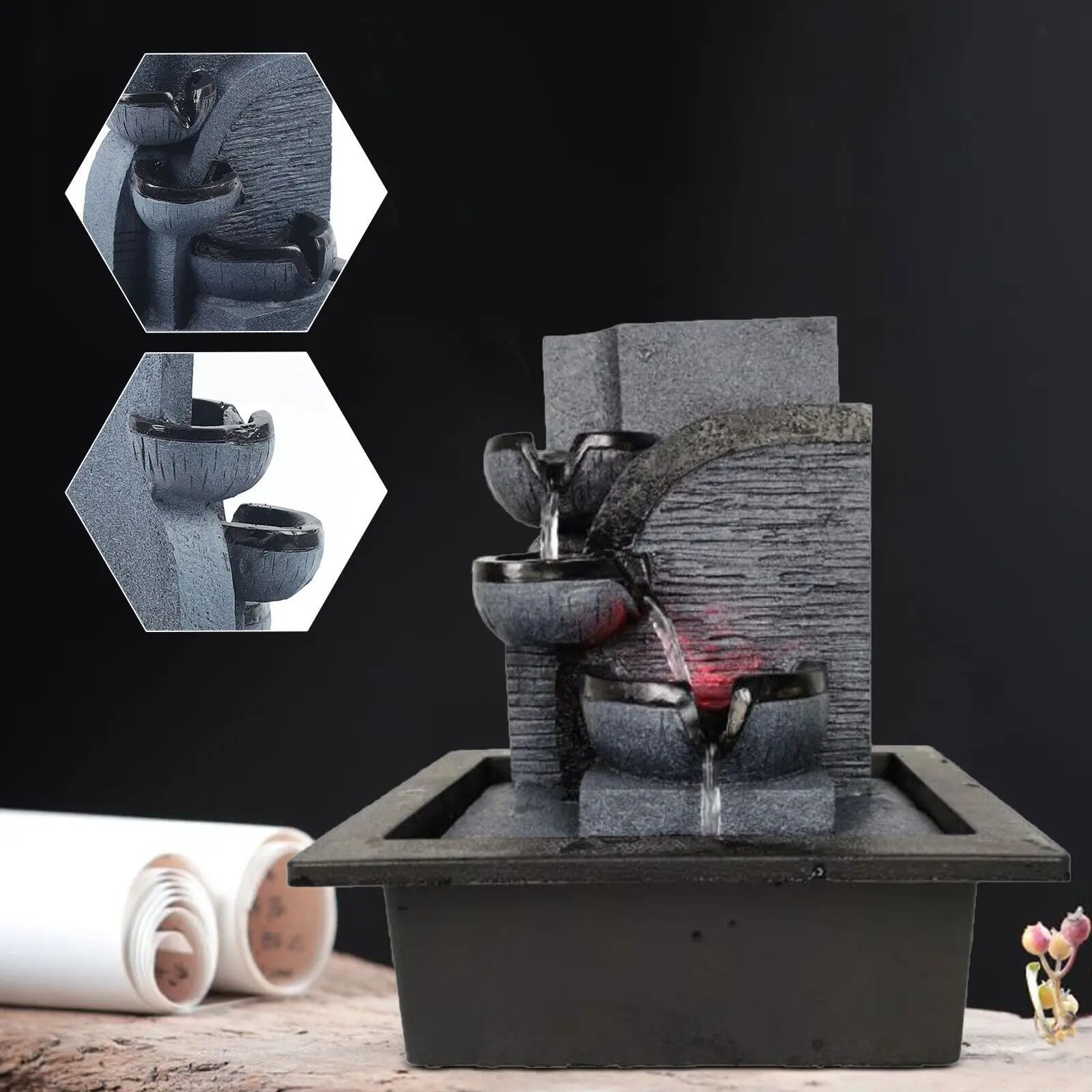 Zen-Tischbrunnen mit LED-Beleuchtung und Wasserfall, Feng-Shui-Brunnen aus Kunstharz in Steinoptik für Meditation, Entspannung und als Geschenk