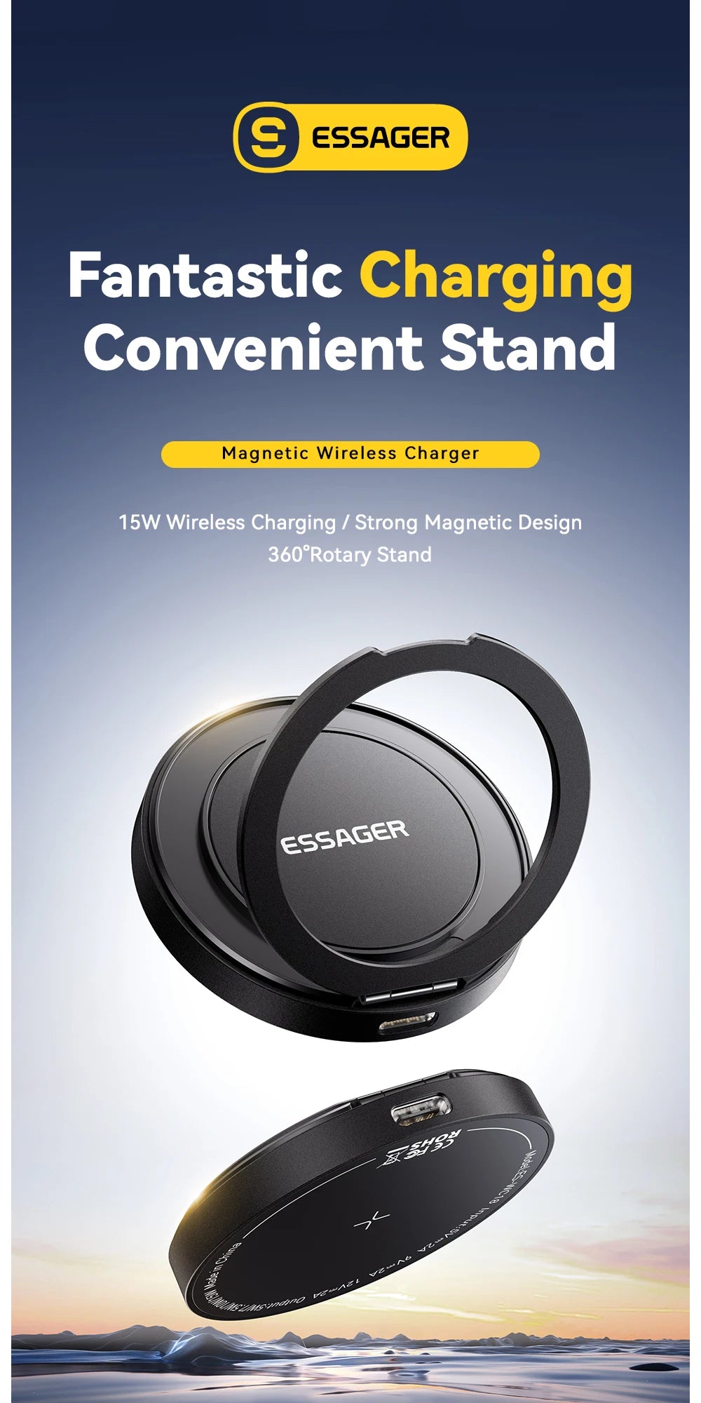 Essager Magnetisches kabelloses Ladegerät mit Halterung, 15 W Schnellladefunktion für iPhone 17, 16, 15, 14 Pro Max und Airpods Mini Wireless Phone Charger