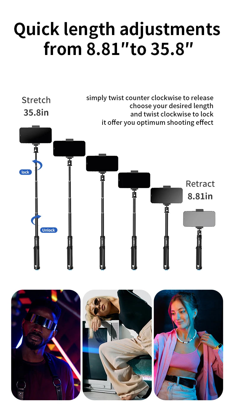 TELESIN Faltbarer Selfie-Stick mit Handyhalterung aus Aluminiumlegierung für GoPro, DJI Action und Insta360 Smartphones