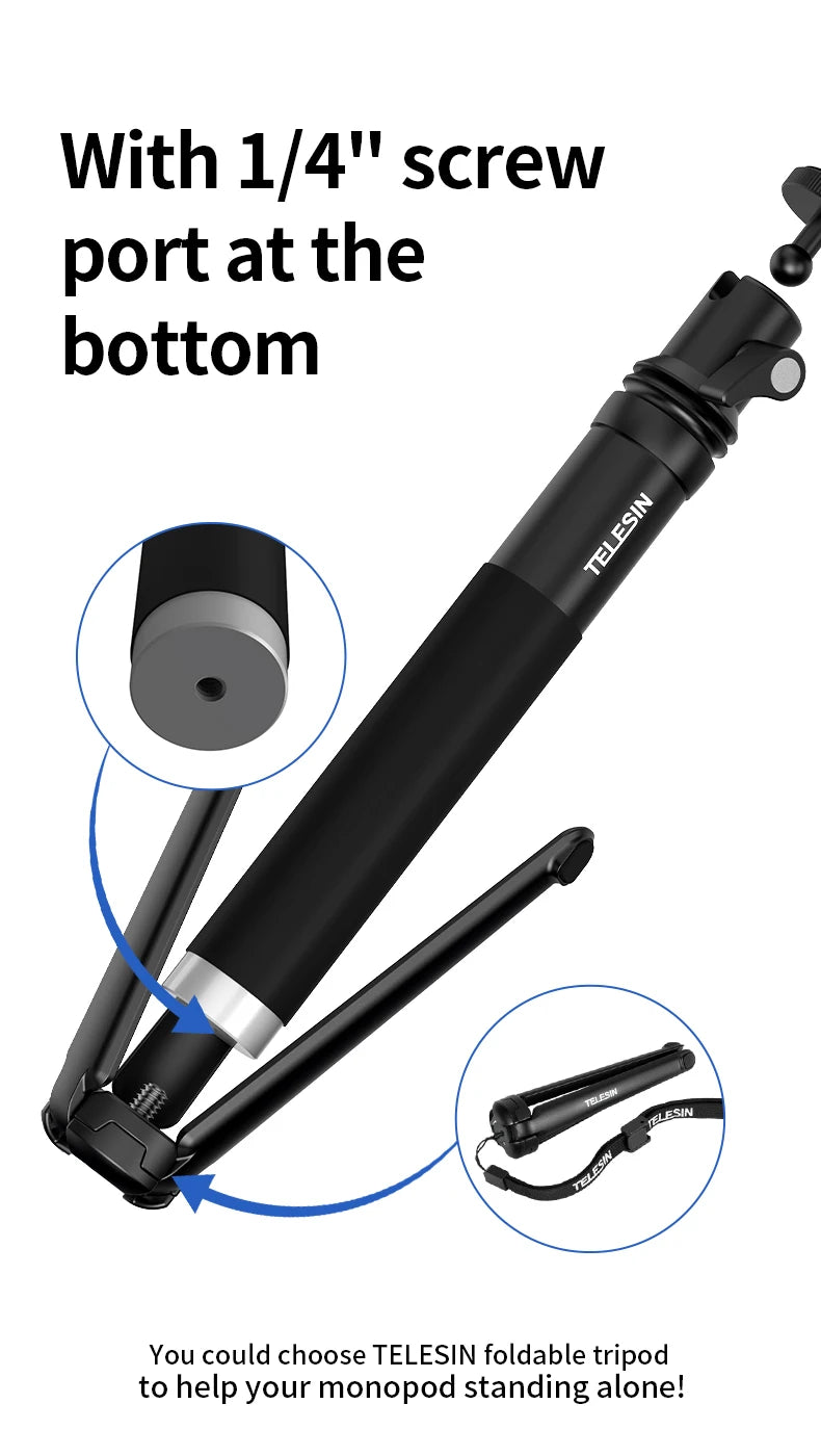 TELESIN Faltbarer Selfie-Stick mit Handyhalterung aus Aluminiumlegierung für GoPro, DJI Action und Insta360 Smartphones