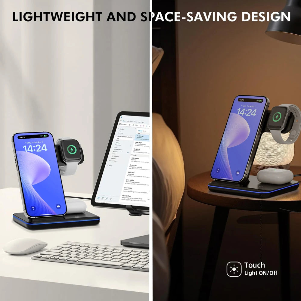 Kabelloser Ladeständer 3-in-1 mit Schnellladefunktion und LED-Lampe für iWatch 10 9 8 7 6 5, iPhone 16 15 14 13 12 11 X Airpods 4 3 Pro