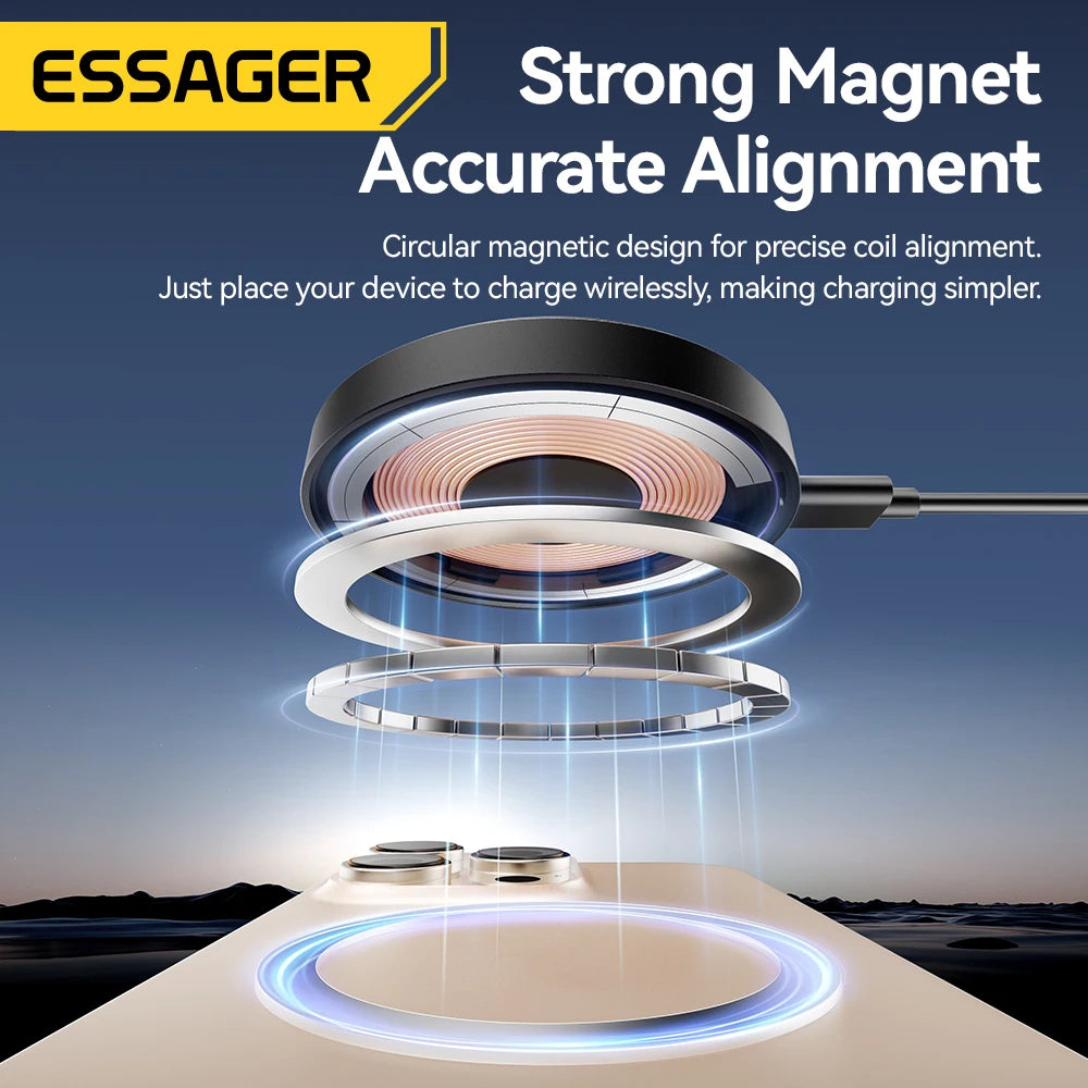 Essager Magnetisches kabelloses Ladegerät mit Halterung, 15 W Schnellladefunktion für iPhone 17, 16, 15, 14 Pro Max und Airpods Mini Wireless Phone Charger