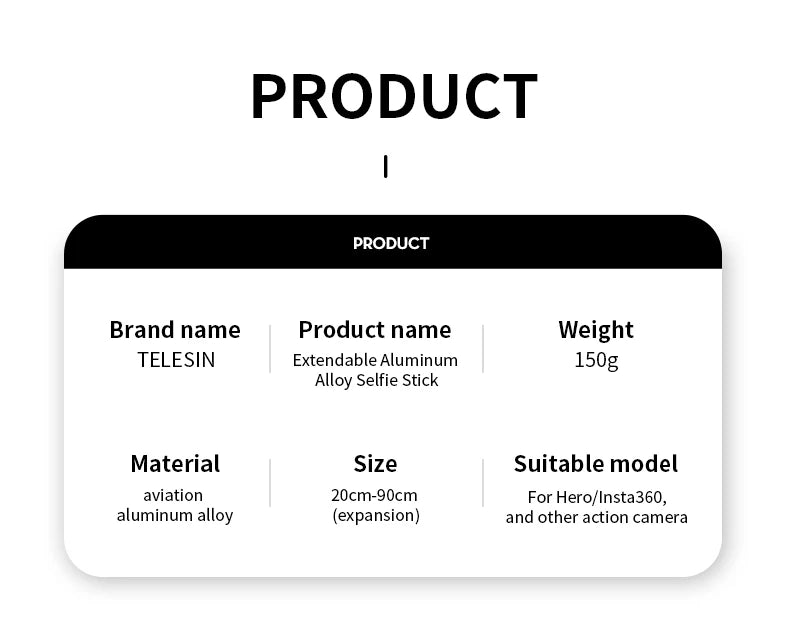 TELESIN Faltbarer Selfie-Stick mit Handyhalterung aus Aluminiumlegierung für GoPro, DJI Action und Insta360 Smartphones
