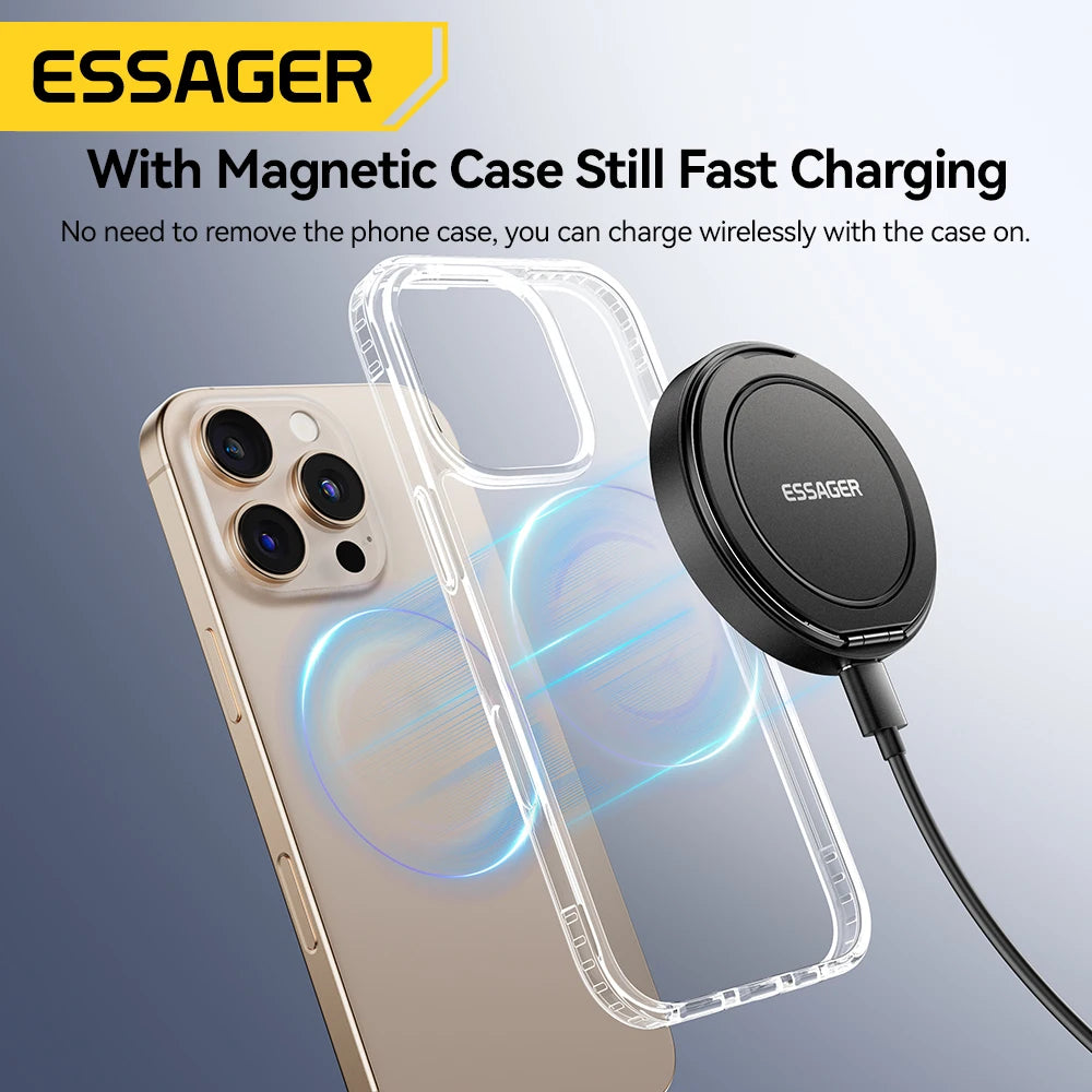 Essager Magnetisches kabelloses Ladegerät mit Halterung, 15 W Schnellladefunktion für iPhone 17, 16, 15, 14 Pro Max und Airpods Mini Wireless Phone Charger