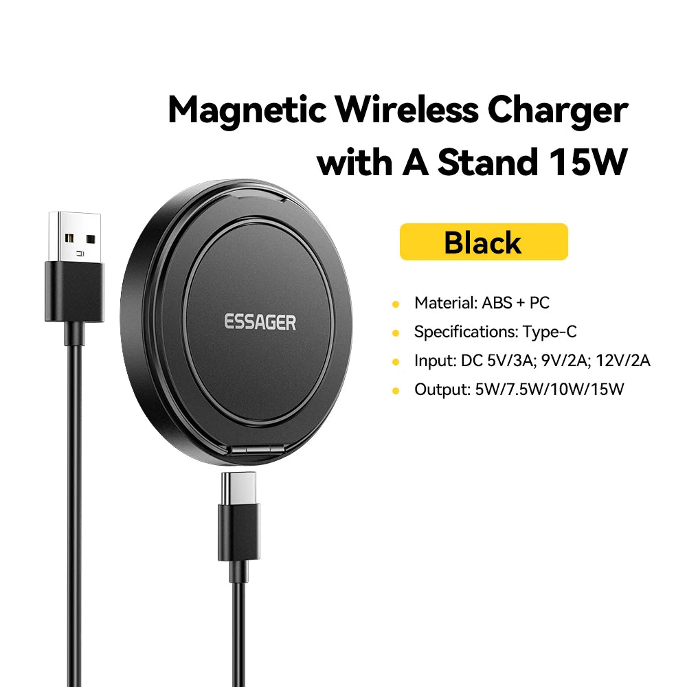 Essager Magnetisches kabelloses Ladegerät mit Halterung, 15 W Schnellladefunktion für iPhone 17, 16, 15, 14 Pro Max und Airpods Mini Wireless Phone Charger