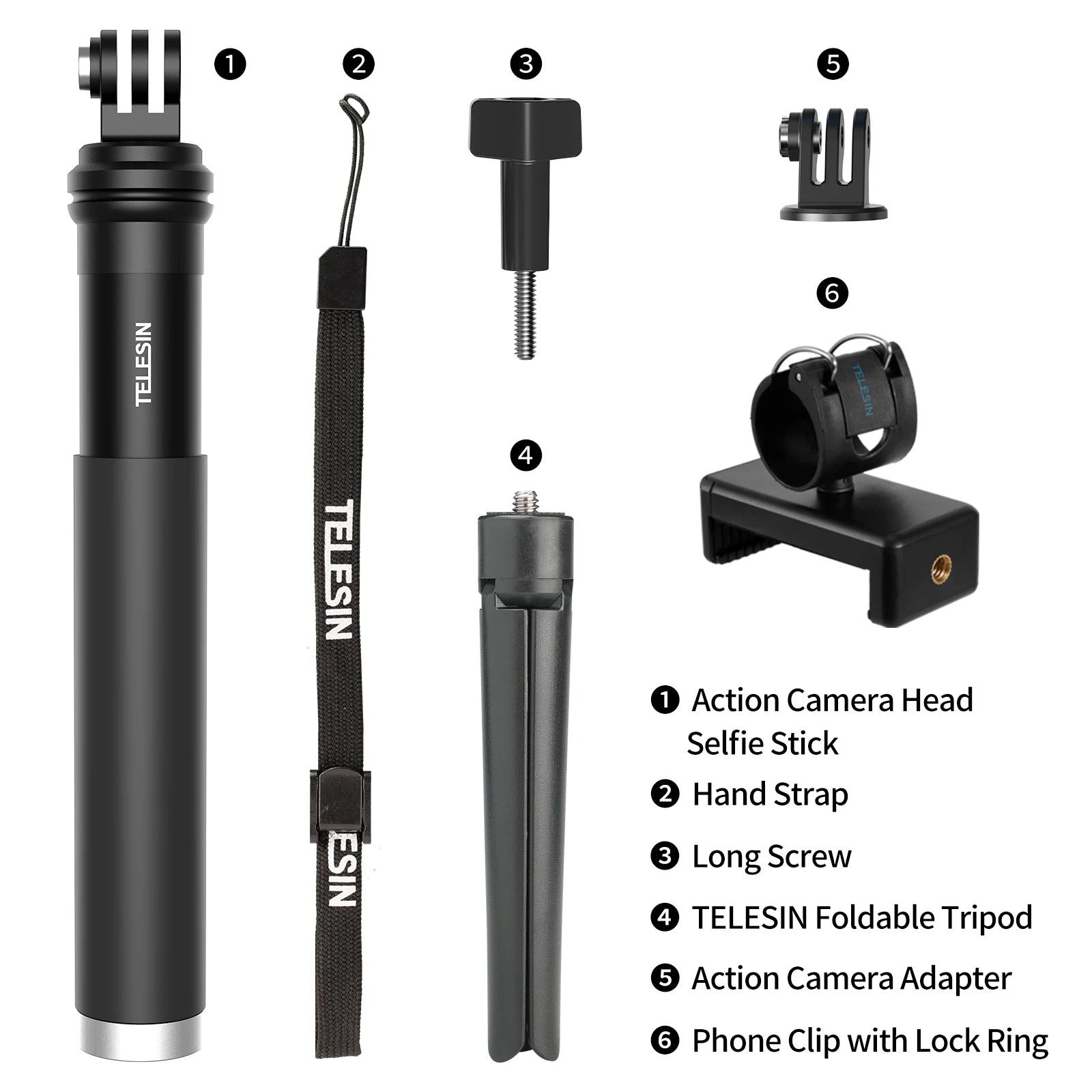 TELESIN Faltbarer Selfie-Stick mit Handyhalterung aus Aluminiumlegierung für GoPro, DJI Action und Insta360 Smartphones