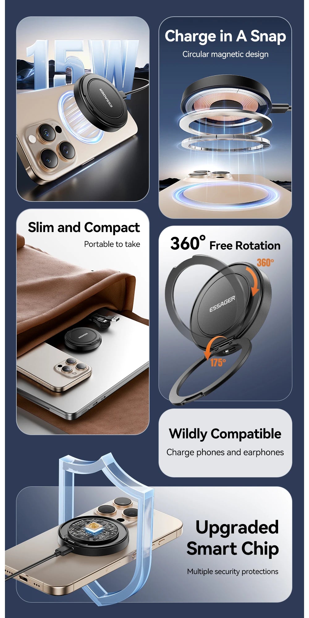 Essager Magnetisches kabelloses Ladegerät mit Halterung, 15 W Schnellladefunktion für iPhone 17, 16, 15, 14 Pro Max und Airpods Mini Wireless Phone Charger